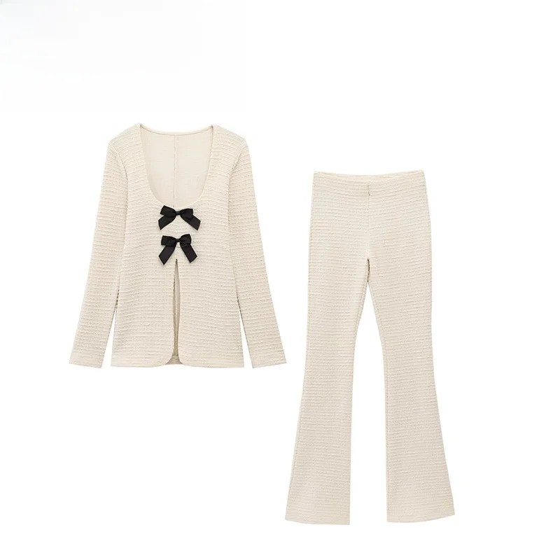 

ZBZA Spring Faion Textured Bell Bot Pants Women's Sle Design Long Sve round Ne Two Piece Set Casual Comfortable