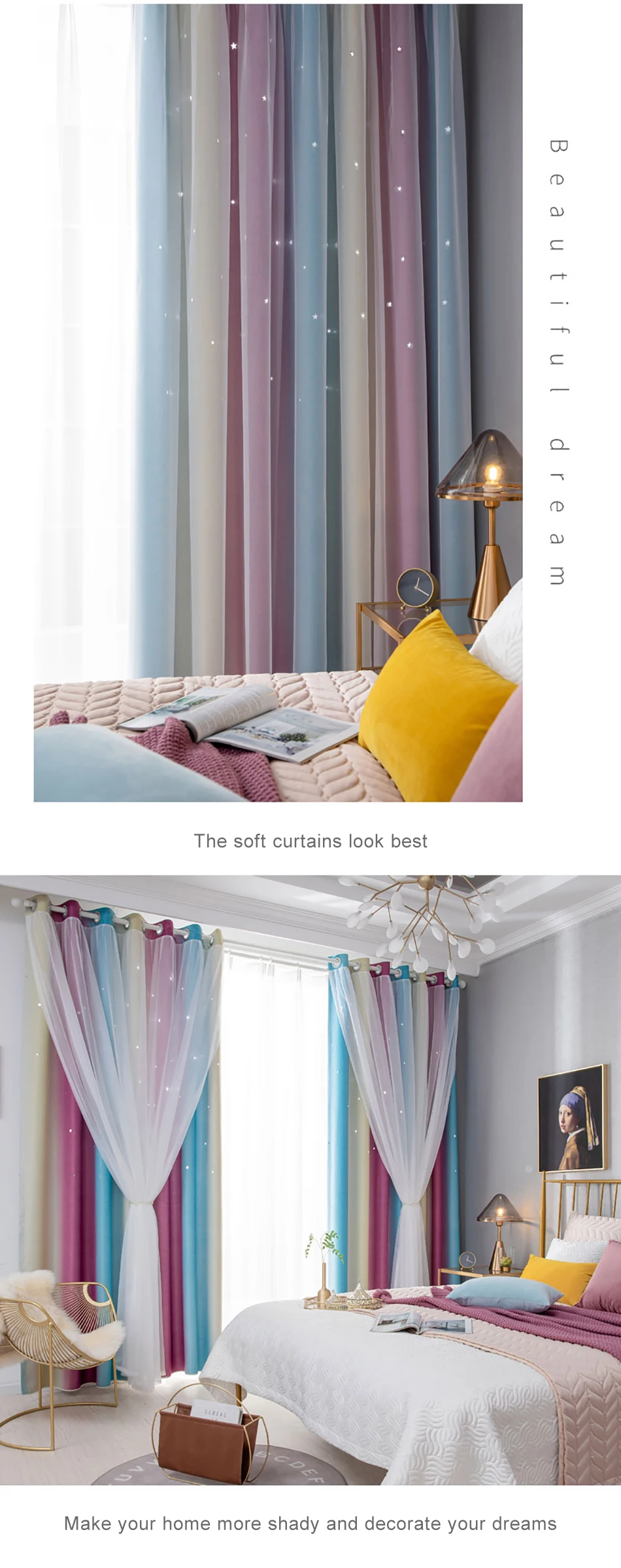 Hollow Star Blackout Curtains  Window Polyester Custom Made Creative Kitchen Curtain Drapes for Living Room Blue Pink 2372-P