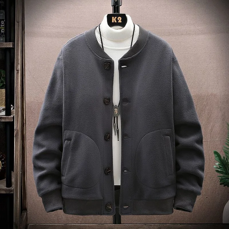 Men's Winter Round Neck Button Up Jacket Thick Warm Casual Open Front Outerwear With Pockets