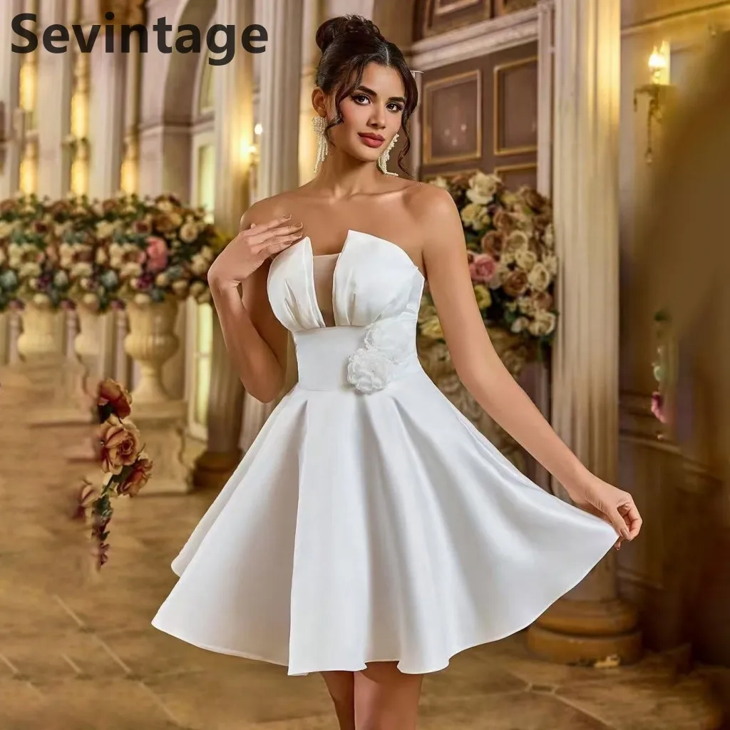 Sevintage 2025 Satin Short Strapless Flower Wedding Dress A Line Mini Bridal Gowns Customized Vestidos De Novia