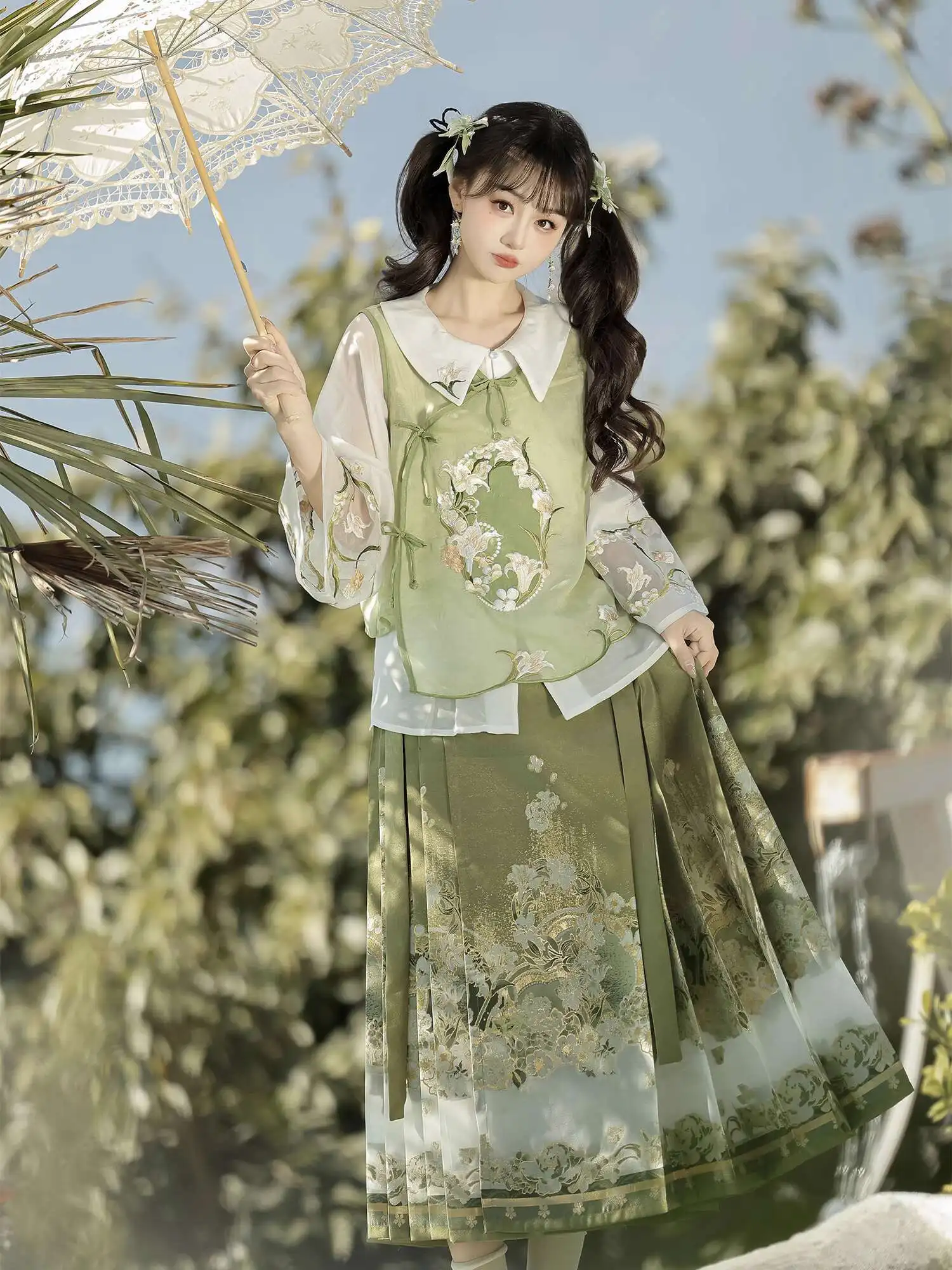

Система Мин Hanfu, улучшенная юбка с конским лицом Han, свежая лилия, Cos, зеленый кукольный воротник, внутренняя одежда, Cosplay