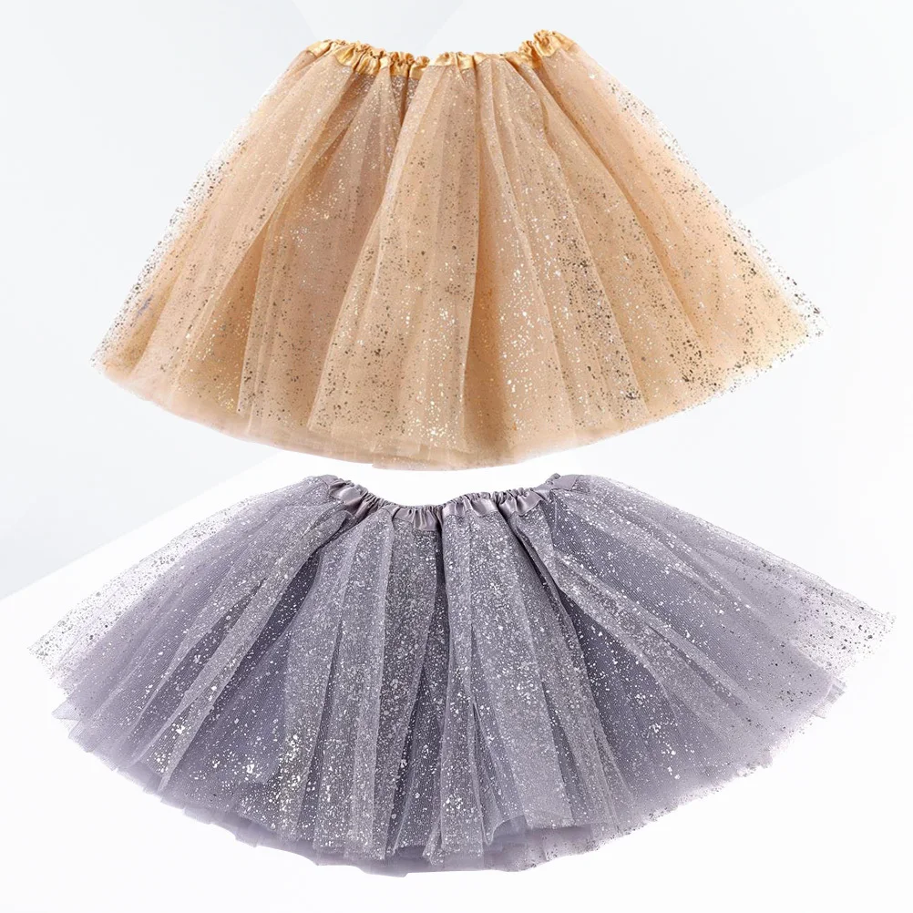 

2Pcs Sequin Multilayer Tutu Skirt Elastic Mesh Dress Up Costume Golden Grey 3-8 Years Girls Ballet Dance Birthday Party Cosplay