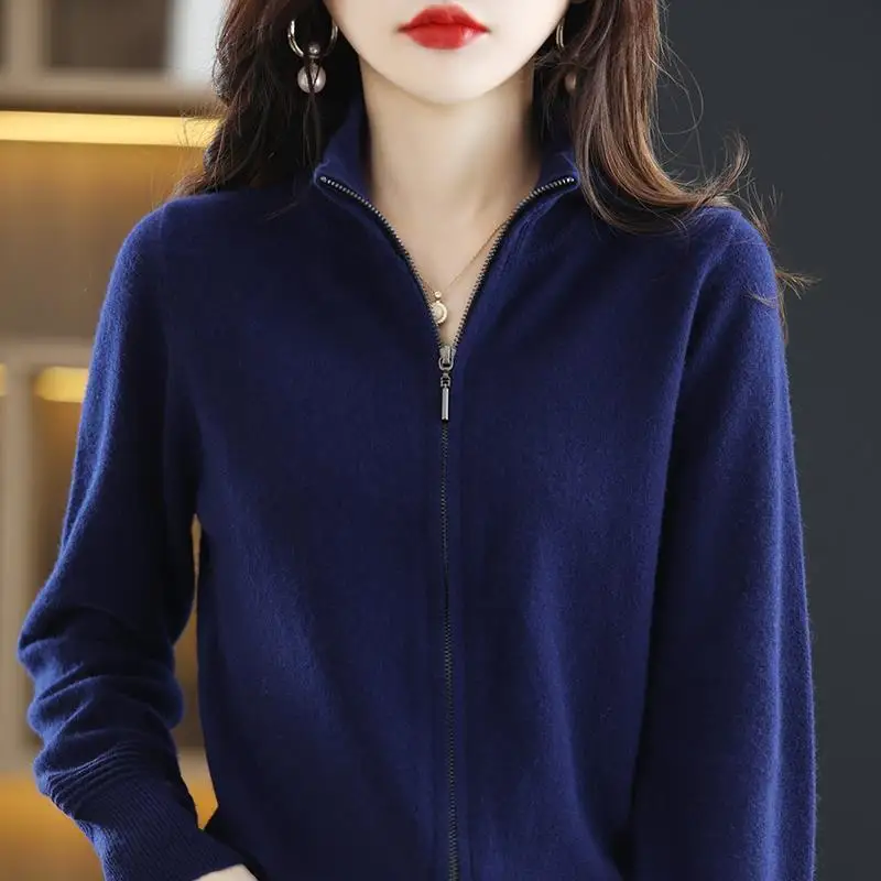 2024 Spring and Autumn New Woolen Sweater Women\'s Zipper High Neck Sweater Coat Fashion Short Solid Color Cardigan Top Trendy