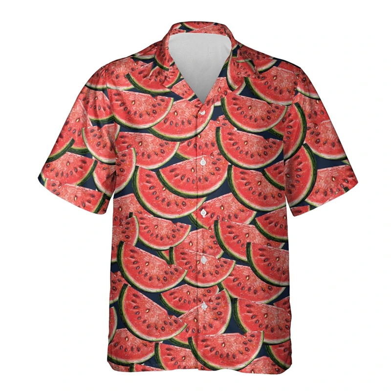 

Tropical Fruit Watermelon Graphic Hawaii Shirt Summer Street Short Sleeves 3D Printed Fruits Button Shirts Men Lapel Blouse Tops