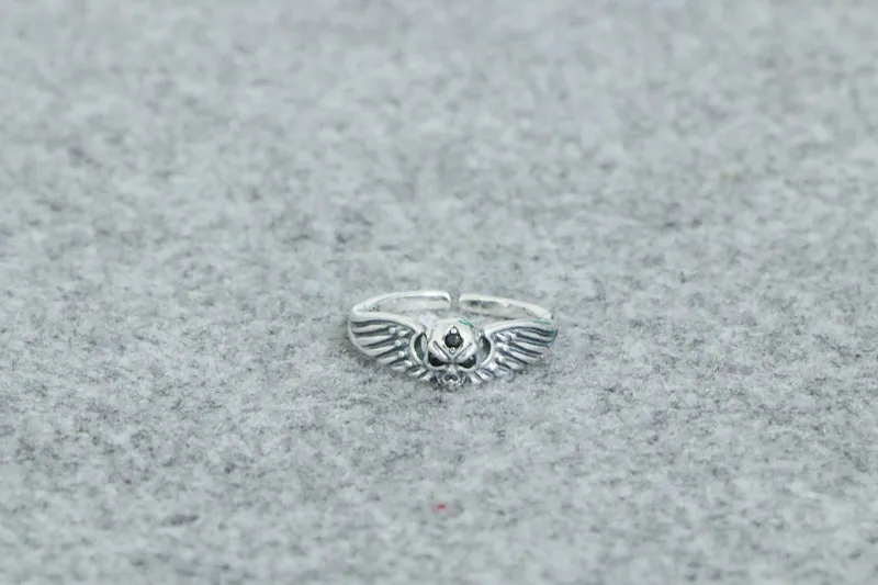 S925 Sterling Silver Euramerican Punk Skull Head Ring Vintage Thai Silver Personalized Exaggerated Tail Ring for Men and Women