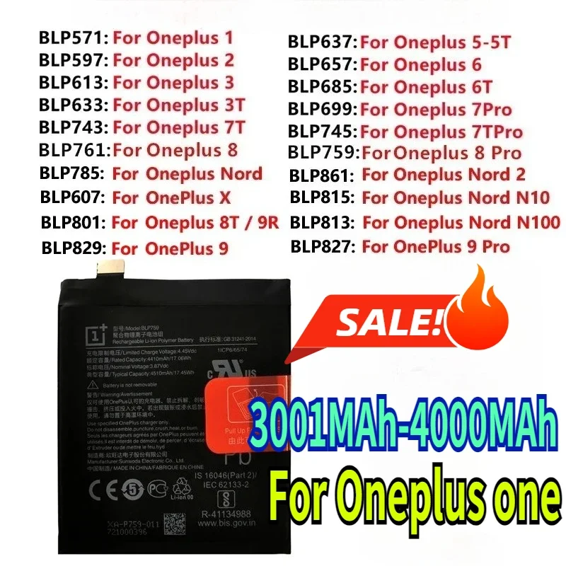 3001MAh-4000MAh Battery For Oneplus one 1+ For OnePlus 1 2 3 1+3 One 3 3T 5 5T 6 6T 7 7T 8 8T 9 9R 9RT Pro Plus Batteries