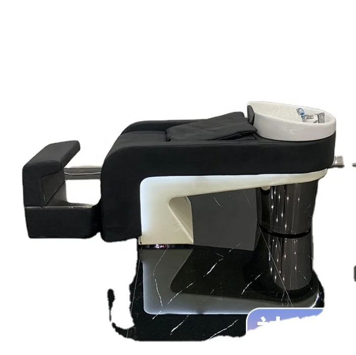Muebles de salón de corte de pelo de alta calidad, cama de champú para lavado de cabello para barbería con cuenco de cerámica, lavabo LED de acero inoxidable
