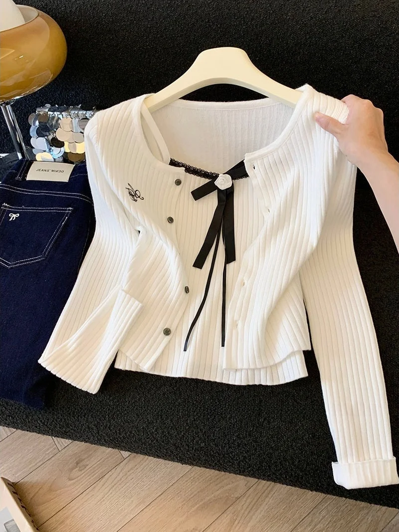 

Spring Sweet Sle Knot Knitted Cardigan Vest Two-Piece Set Women Slimming ort Model Top Silk Material