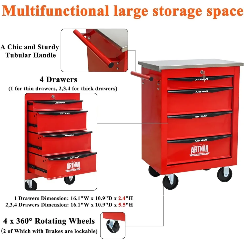 Cassettiera multiuso per attrezzi con 4 cassetti, organizer per carrello resistente per soluzioni di stoccaggio in garage