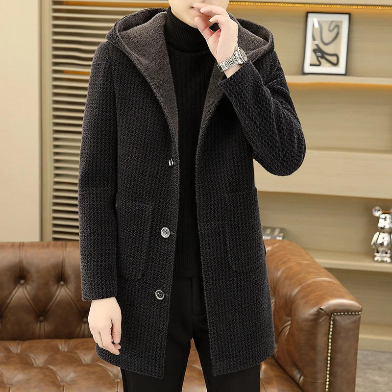 เสื้อโค้ทผู้ชายปี 2026: เสื้อโค้ทขนสัตว์มิงค์สีทองพร้อมหมวก รุ่นความยาวปานกลางแบบเกาหลี ผ้าหนาและบุขนแกะ