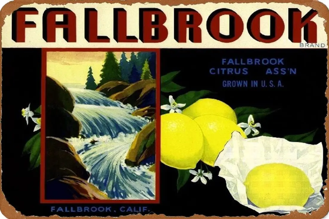 TYmall Metal Tin Sign Fallbrook San Diego Lemon Citrus Crate Label Art Print Vintage Metal Signs Wall Art 12X16Inch