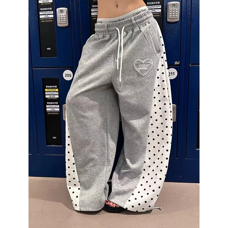 2026 Women Gray Baggy Wide Leg Sweatpants Oversize Dot Splice Pants Harajuku Japanese 2000s Style Vintage Y2k Dance Trouser