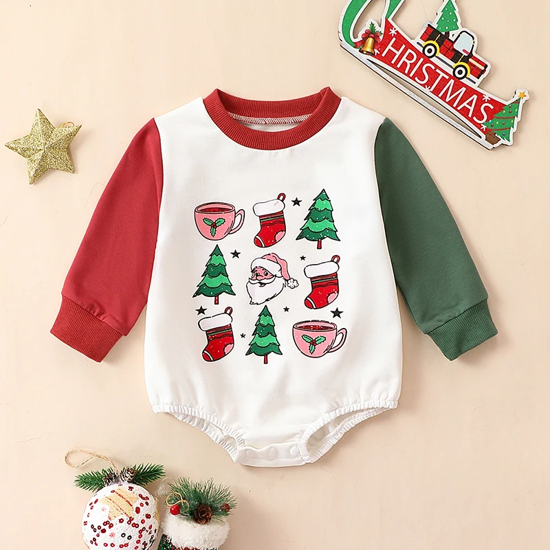 Christmas Cartoon Print Long Sleeve Baby Boys Romper Triangular Design Color Block Baby Christmas Outfit Infant Clothes