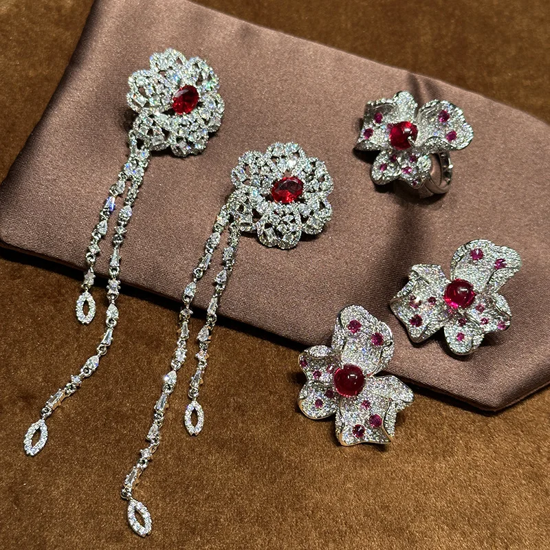 

Women Three-petaled Flower Red Gemstone Tassel Earrings Ring Set 2025