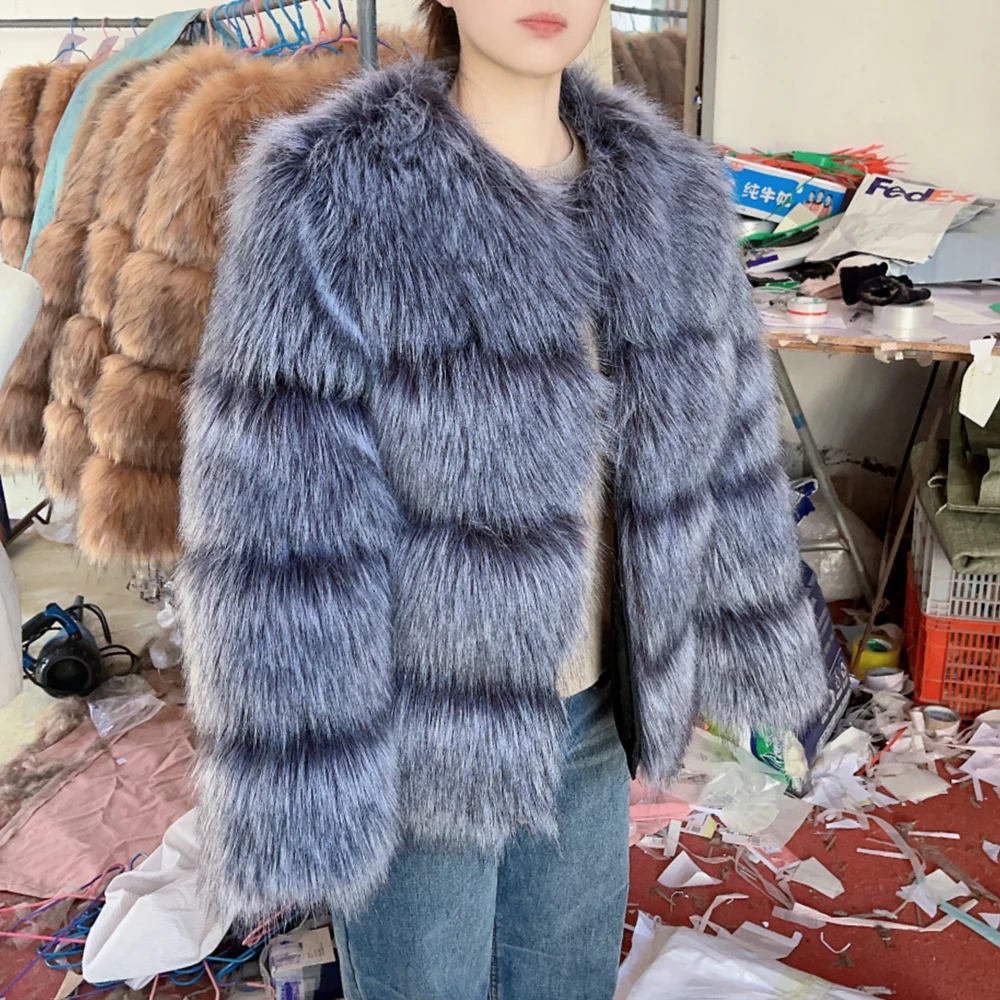 HOOOFUR namaakbontjas damesjas wintermode warm dik zilvervos leer bruin plus maat speciaal nepbont koude jas