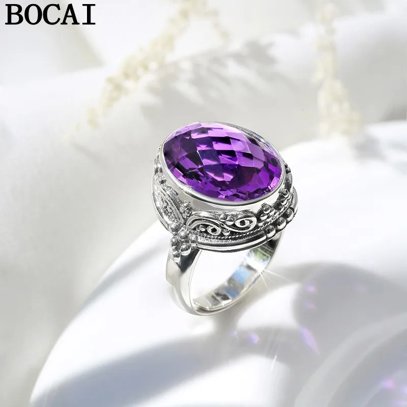 

BOCAI New S925 Silver For Woman Vintage Palace Style Carved Totem Green Crystal Female Ring