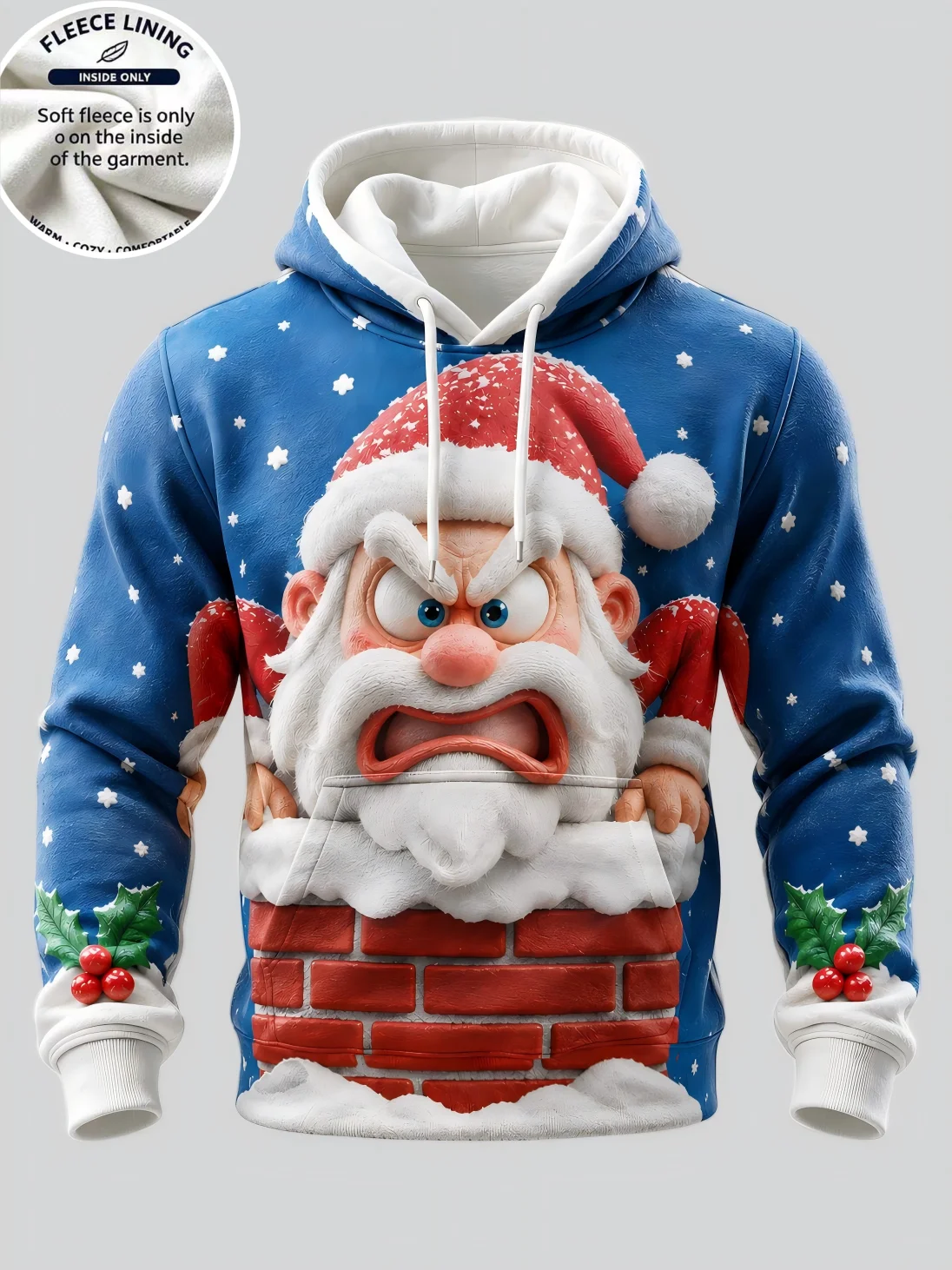 Men Fleece Lined Hoodie Angry Santa Chimney Print Pullover Hooded Sweatshirt Christmas Party Hoody