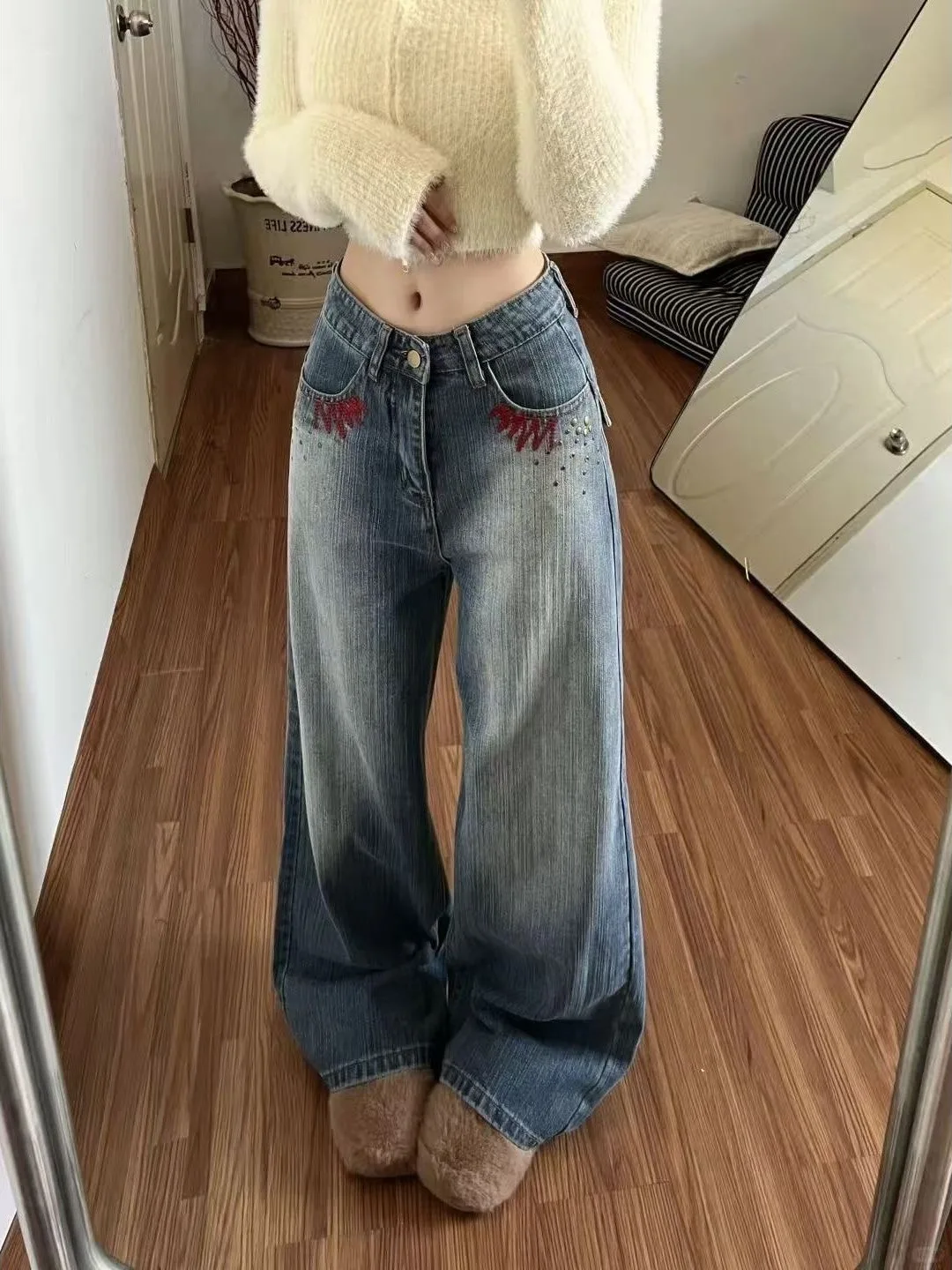 

Retro Embroidered Denim Jeans Heavy Work Wide Leg Floor Length Pants High Waist Jeans Ladies Loose Fit Non Stretch Denim