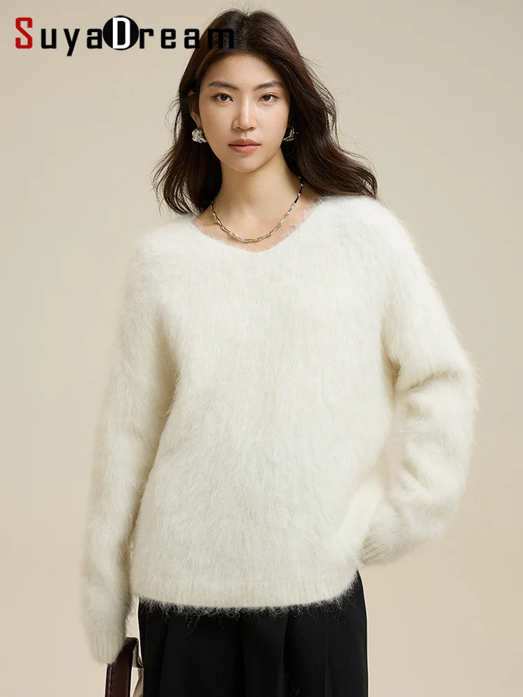 SuyaDream Warm Alpaca Pullovers for Woman, V Neck, 59%Alpaca Loose Sweaters, 2024 Fall Winter Top, White, Pink