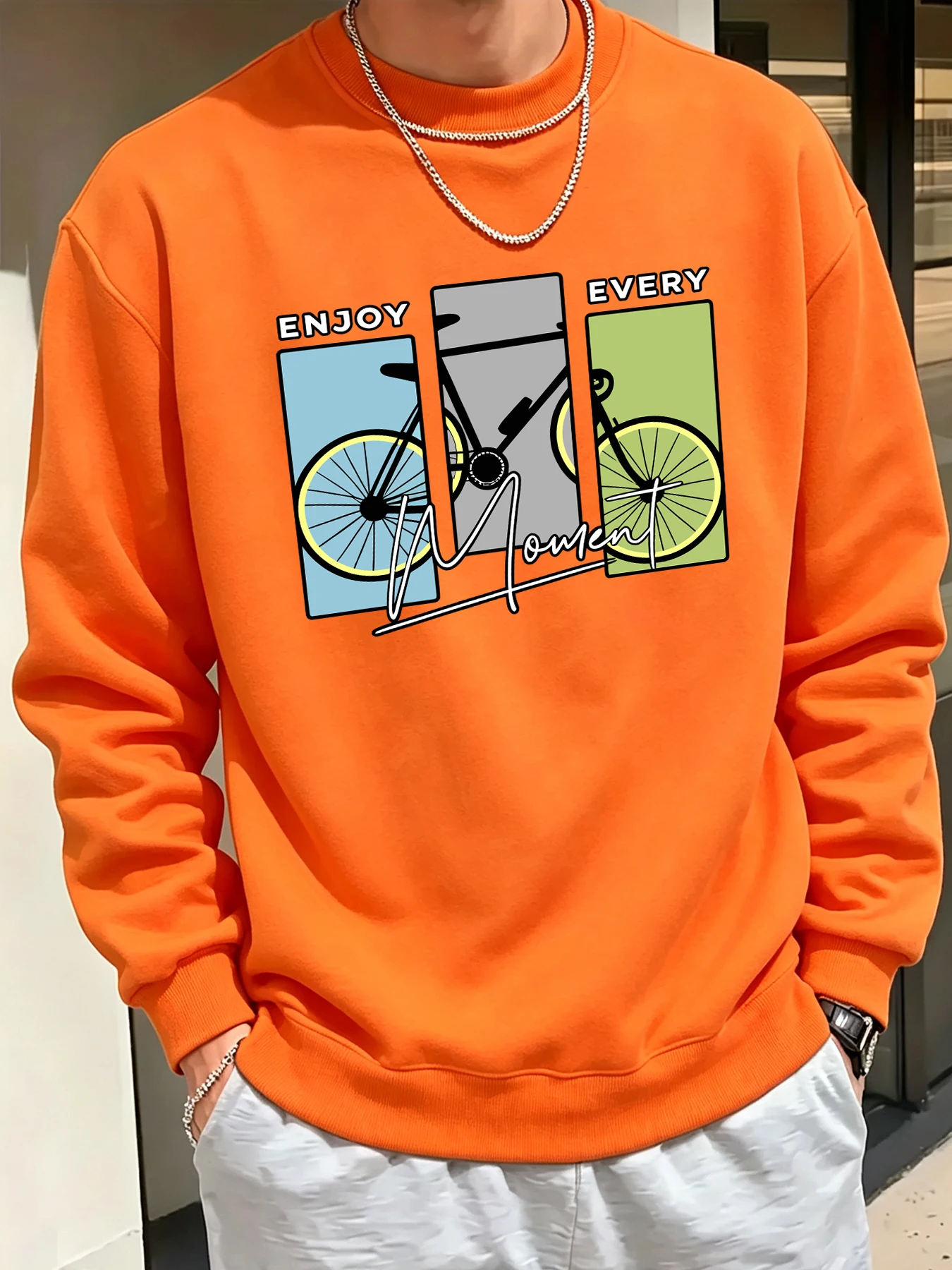 Enjoy Every Moment Bicycle Prints Sweatshirt Male Trendy Hip Hop Clothes All-Match Loose Sportswear O-Neck Casual Pullovers
