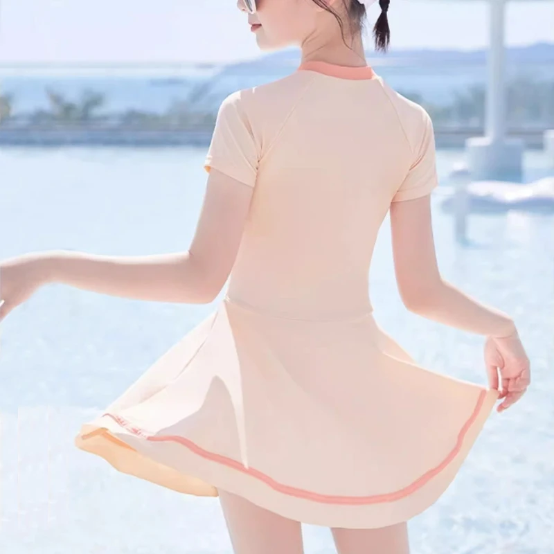 Solid Girls Swimsuit With Shorts Kids Swimwear Short Sleeve Children Two-Piece Suits Bathing Suits For Teen Girls Swimming