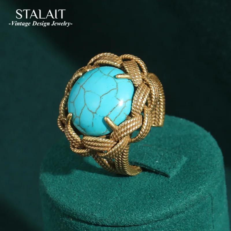 Vintage Turquoise Ring Blue Round Natrual Stone Antique Gold Color Weave Accessories For Woman Luxury Quality Bohemian Jewelry