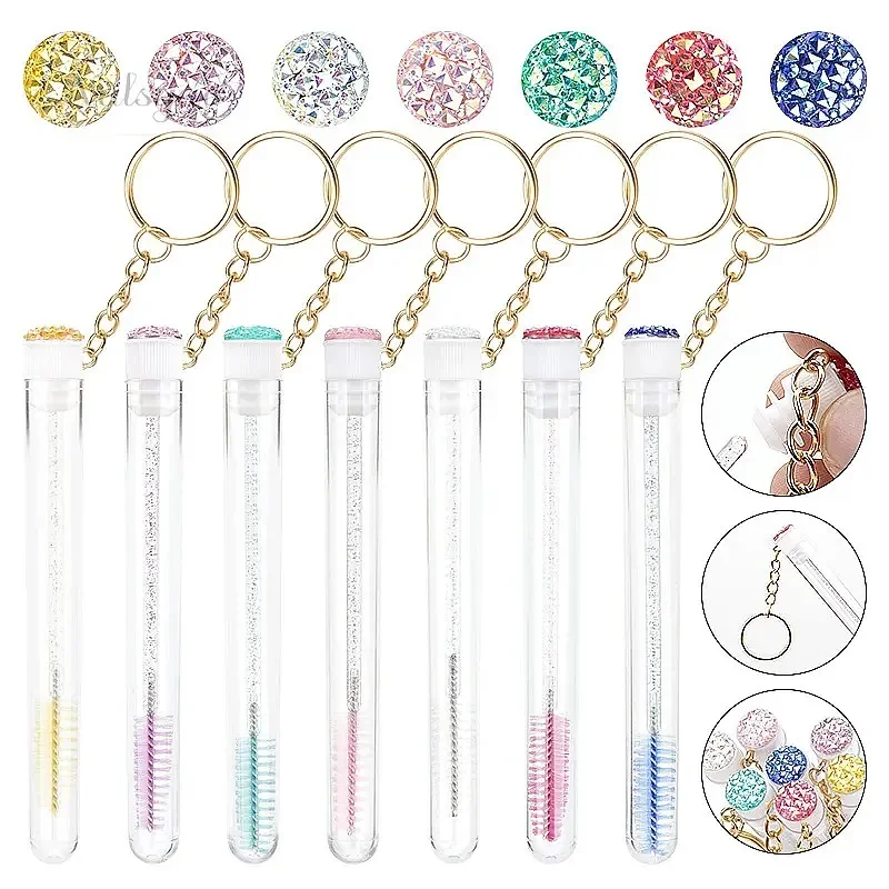 10 Pcs Tube Eyelash Brush with Gold Keychain Glitter Mascara Wand for Women Lash Extension Micro Comb Container Makeup Tool