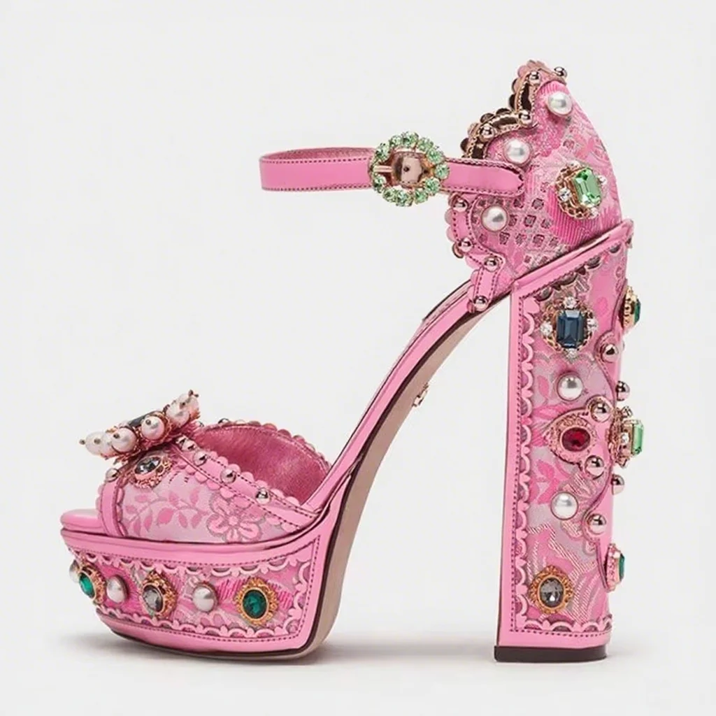 

Сандалии на платформе с кристаллами, женские роскошные туфли с драгоценными камнями и жемчугом, очень высокие туфли на массивном каблуке с пряжкой и ремешком, женская обувь для банкета