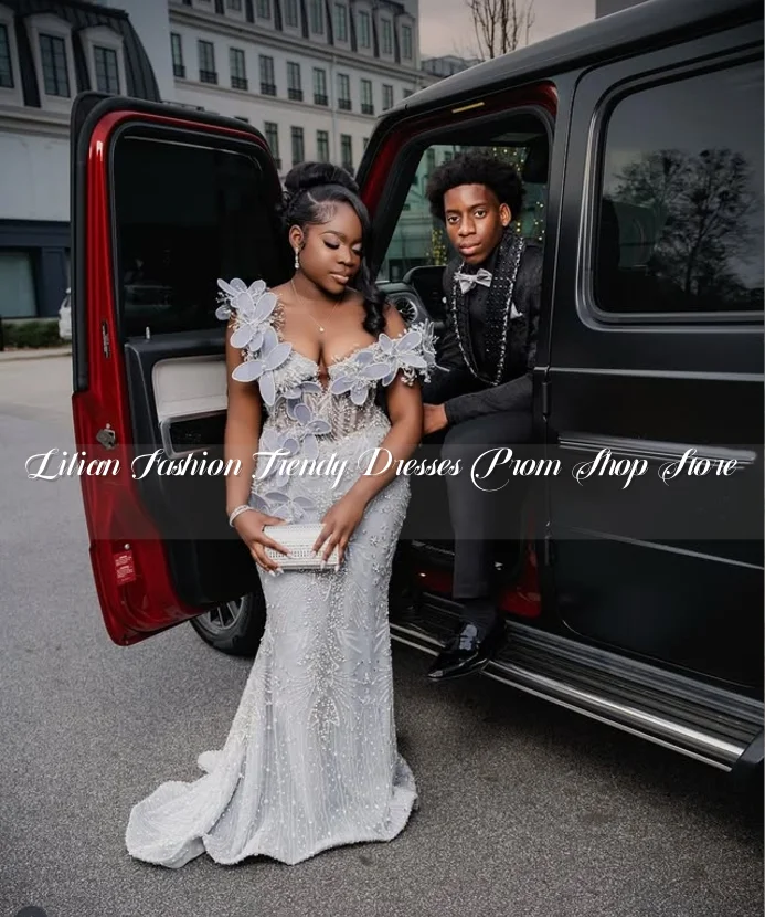 

Luxury Silver Applique Long Prom Dress Customized Exquisite Leaf Applique Inlaid Sequins Formal Occasion Evening Gowns