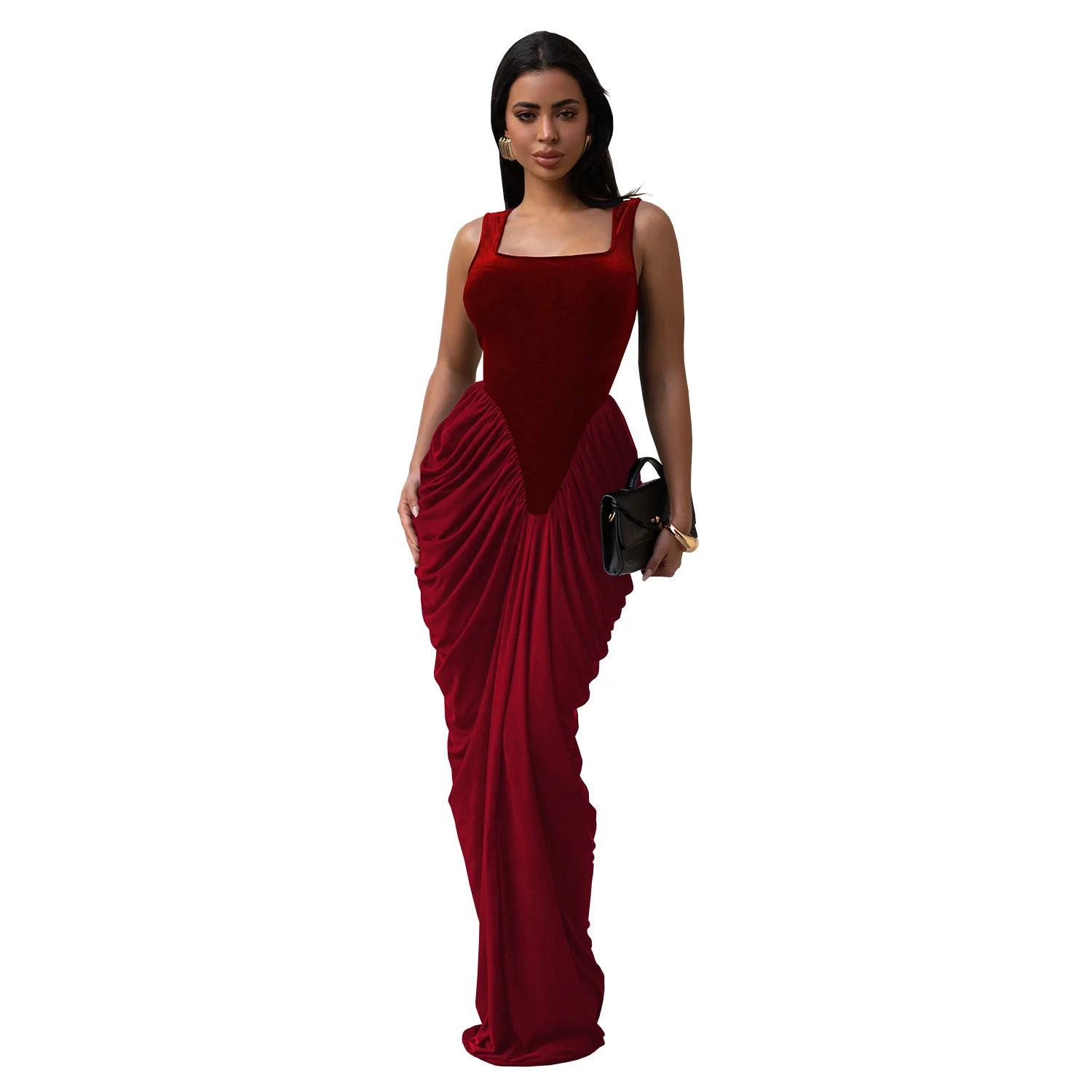 GLCMYAYA femmes velours empilé froncé sans manches moulante longue Maxi robes 2026 automne fête à la mode anniversaire robe de soirée robes