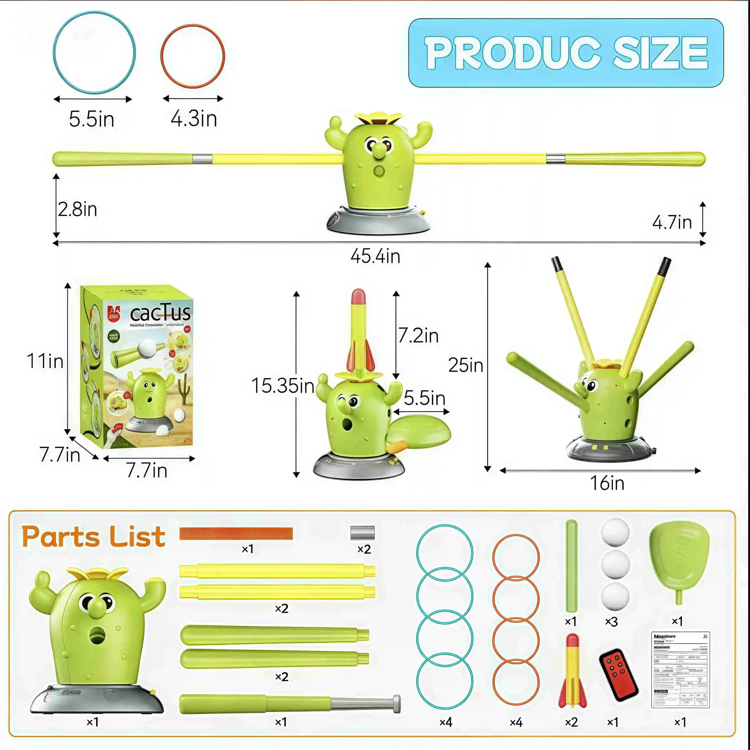 ของเล่นกีฬา 4-in-1 รูปทรงกระบองเพชร (3+): เบสบอล, กระโดด, ขว้าง, ยิง – จรวด 2 ลูก, ลูกบอล 3 ลูก, รีโมท