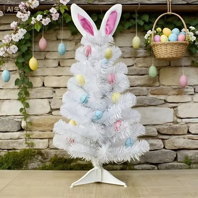 24-Inch White Artificial Pine High Quality Eco-Friendly Rabbit 12 Eggs Easter Decorative Dining Table Home Decorative Plastic