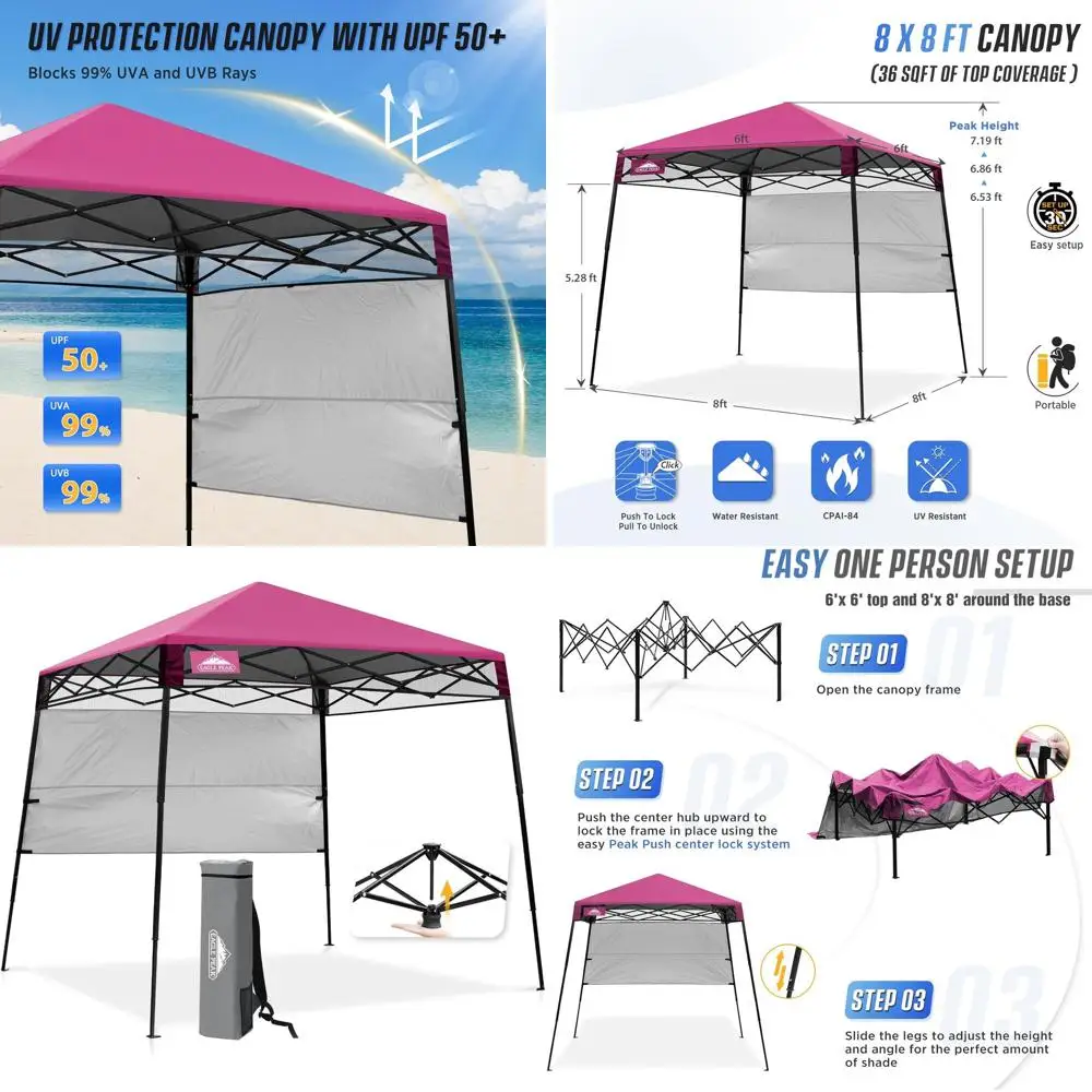 

Portable 8x8ft Pop-Up Shelter with Sidewalls, Slanted Legs, Ideal for Beach, Sports, Camping, Pink