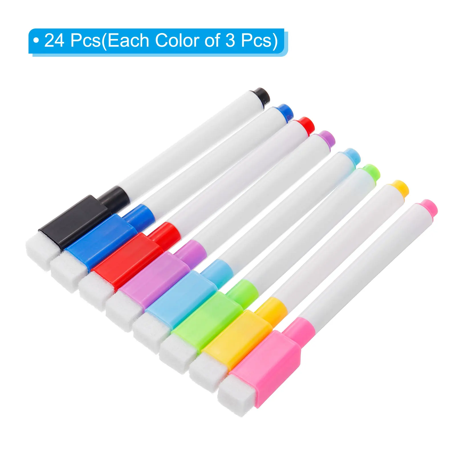 24Pcs Colorful Magnetic Dry Erase Erasable Whiteboard Marker Pens with Eraser Cap for School Office Home Stationary Supplies