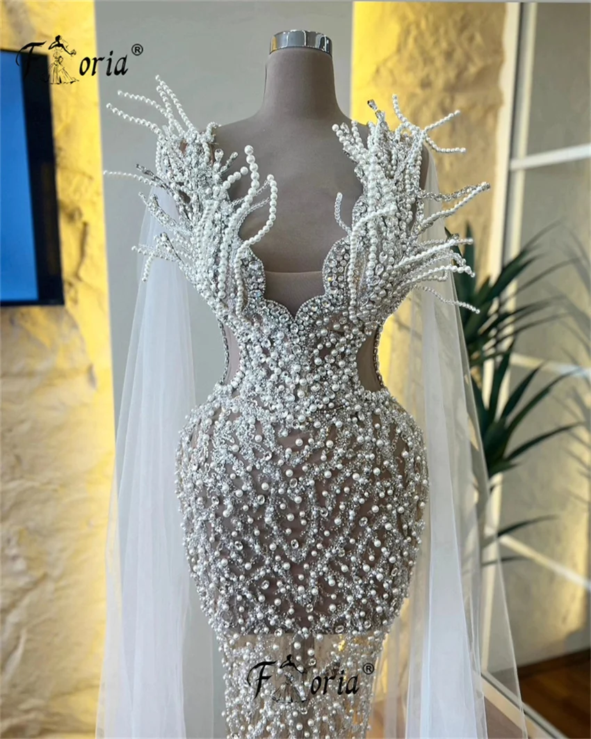 Vestidos De Noite De Sereia De Pérolas De Dubai, Apliques 3D, Até O Chão, Veja Através De Vestidos, Vestido De Baile Formal