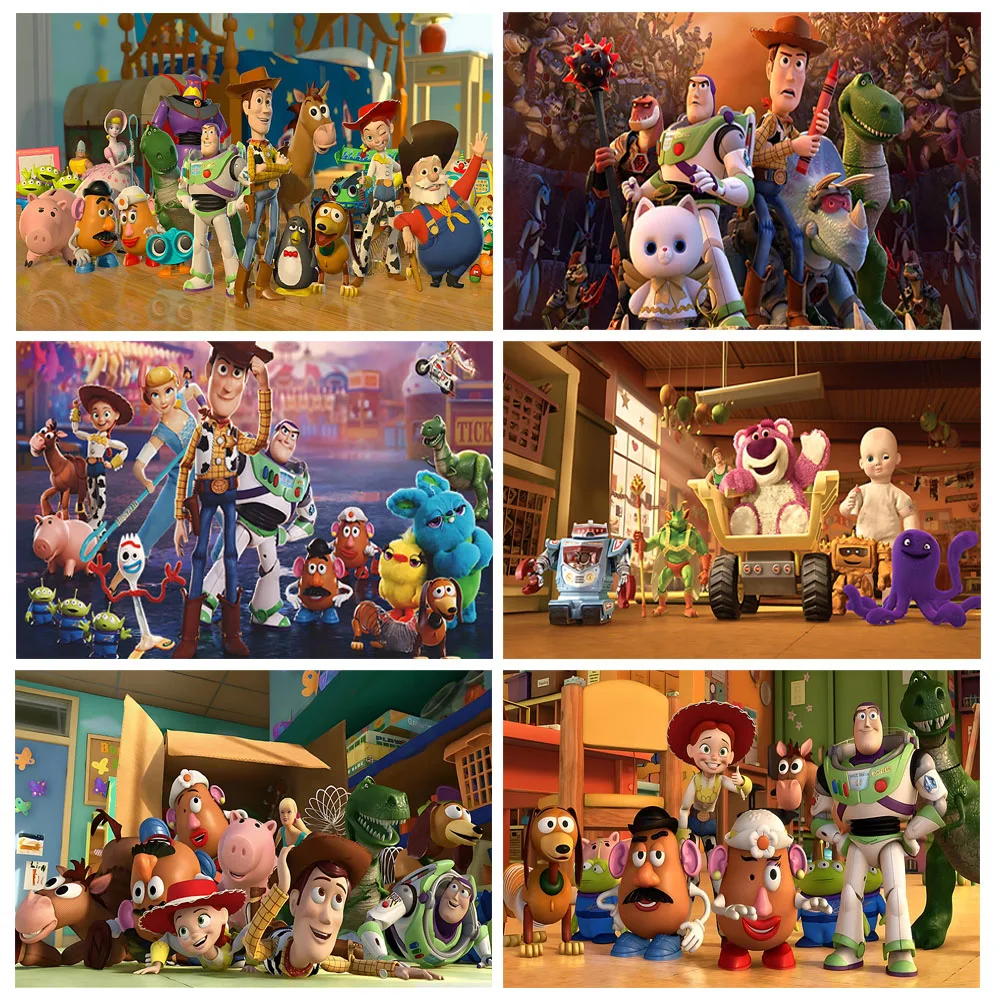Fondo temático de Toy Story para fiesta de cumpleaños, suministros de decoración para fiesta de dibujos animados vibrantes, fotografía de Woody Buzz, configuración de pared para habitación de niños