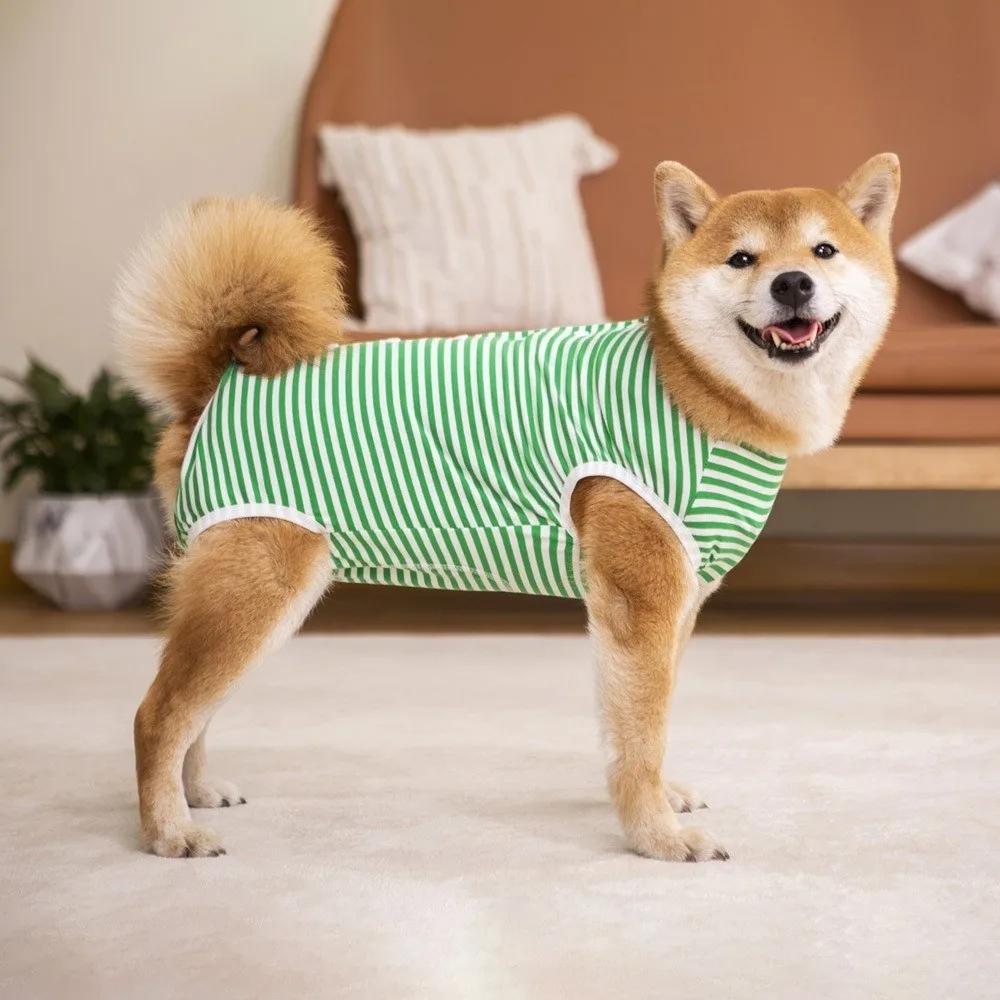 

Elastic Dog Recovery Suit Washable Striped Design Anti-Licking Bodysuit Four-legged Dog Recovery Clothing Post-Operative