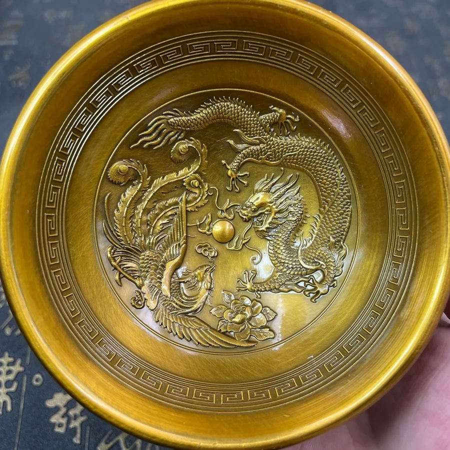 Old Bronze Tone Dragon Phoenix Bowl Zhao Cai Jin Bao Lucky Wealth Bowl