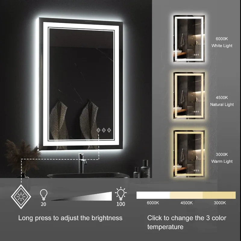 LED Mirror for Bathroom, 24x36 Inch Gradient Front and Backlight LED Bathroom Mirror, 3 Colors Dimmable CRI 90 Double Lights,