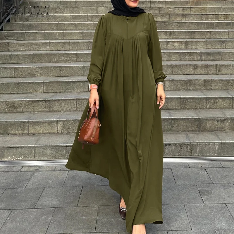 

ZANZEA Hijabs Women Maxi Long Dresses Modest Elegant Gathered Abaya Robes Long Sleeve Ruffled Neck Solid Color Muslim Clothes