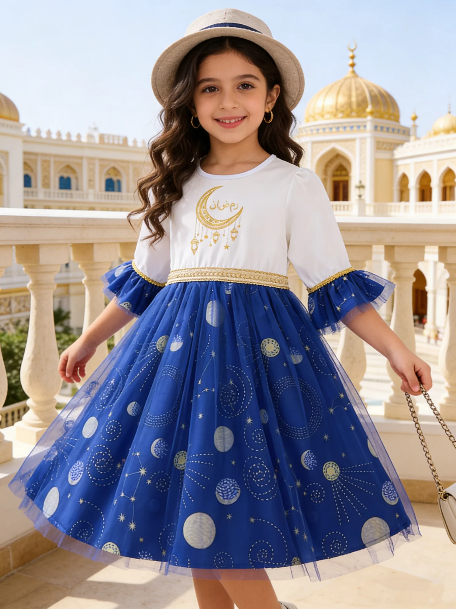 Blue White Girls' Casual Dress, Featuring Moon Print With Gold Trim, Double-Layer Blue Mesh Skirt Purim Festival Daily Travel