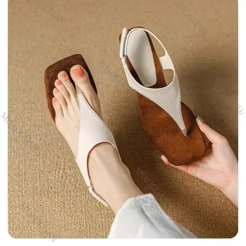Women's Clip Toe Sandals Mid Heels Square Head Fashion New Beach Shoes Designer Summer Cozy Pumps Slides Ladies Retro Footwears