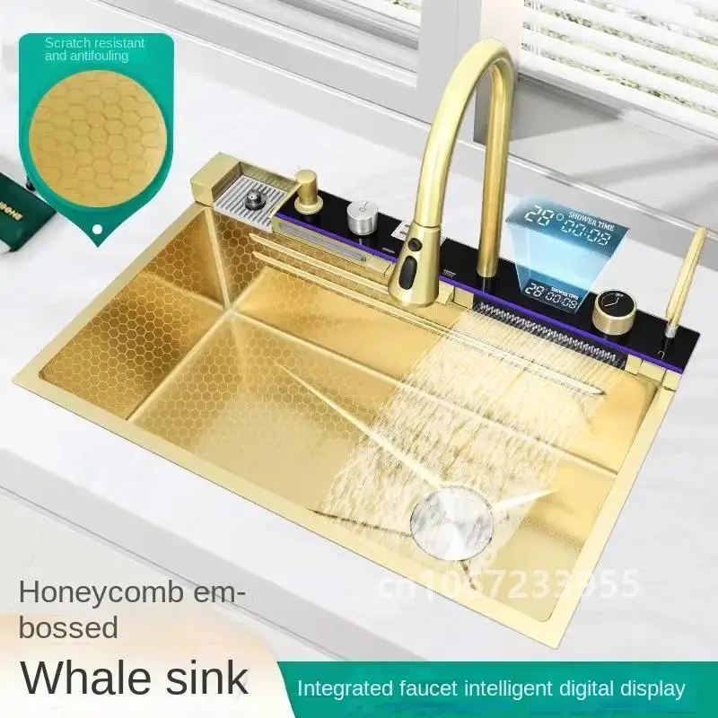 Gold Kitchen Sink Stainless Steel Sink Digital Vegetable Washing Basin, Atmosphere Light, Kitchen Large Single Sink 75cmX46cm