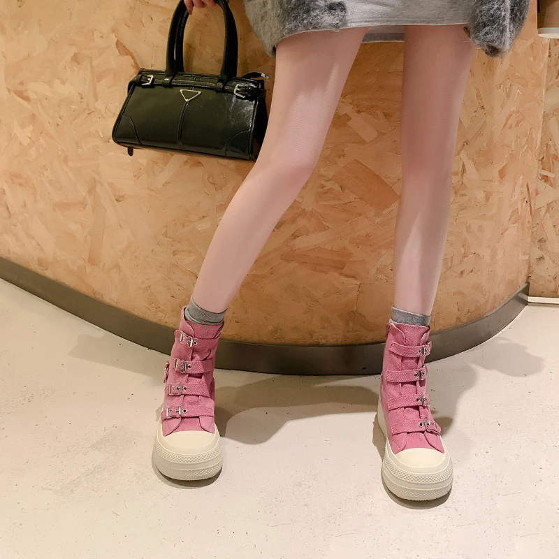 2025 High Top Canvas Shoe For Girls Design buckle strap zip Simplicity female Platform Sneaker High Street Fashion Walking Shoes