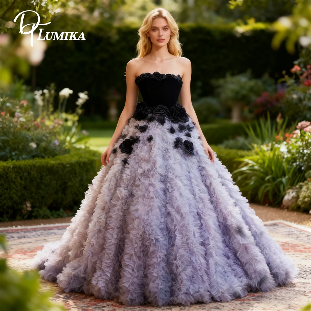 

DTLumika 2026 New Realeased Puffy Formal Dress for Women, Black Rose Strapless Evening Dresses, Ruched Ball Gown Party Dress