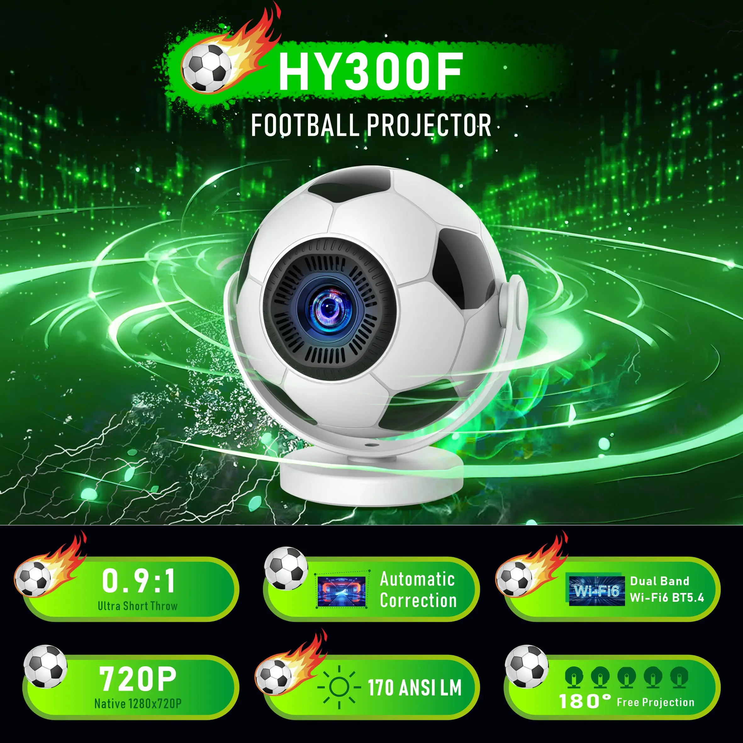 

HY300F MINI Projector Android 14 WIFI6 BT5.4 with 180° Rotation Outdoor Portable Projetor Creative Football Styling Smart Beamer