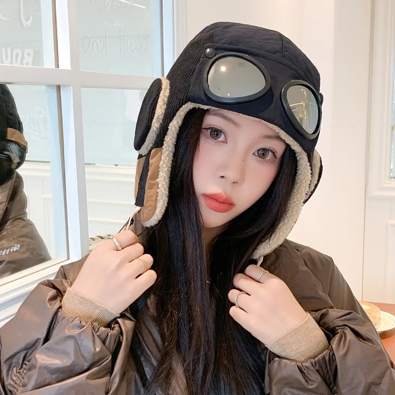 New Warm Bomber Hats with Goggles Plush Fur Winter Hat with Earflap Winter Dandy Cap for Female Winter Hat Women