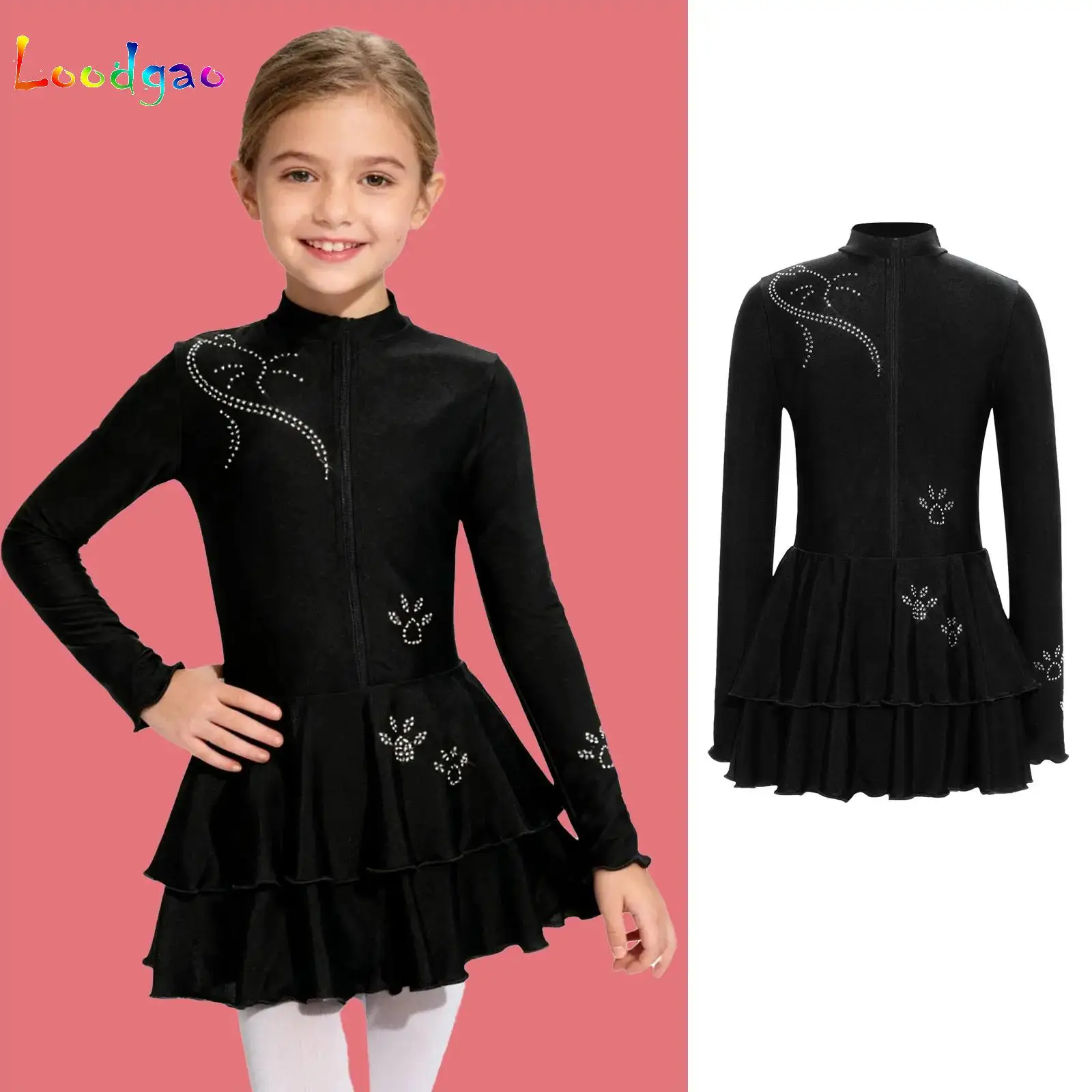 Teen Girls Ballet Jersey Figure Skating Dresses Gymnastics Leotard Performance Tiered Ruffled Hem Built-in Briefs Dance Costumes