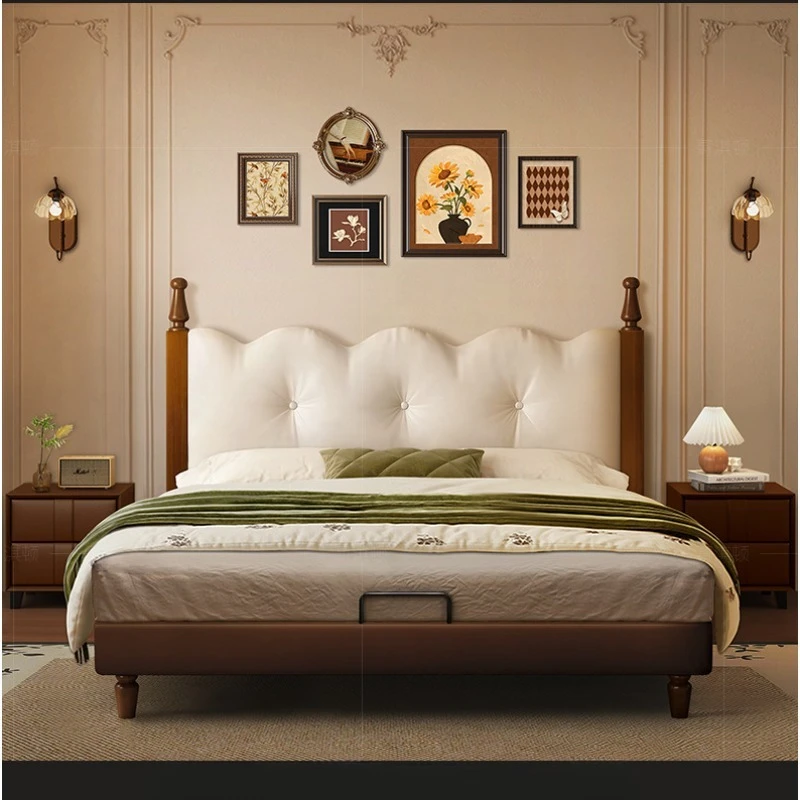 

French vintage solid wood leather American retro cream style high-end atmospheric master bedroom bed