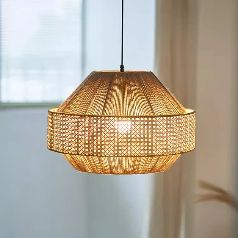 Japanese Wabi Sabi Rattan Pendant Lights Vintage Hemp Rope Handmade Hanging Lamp Kitchen Living Room Decor Suspension Luminaire